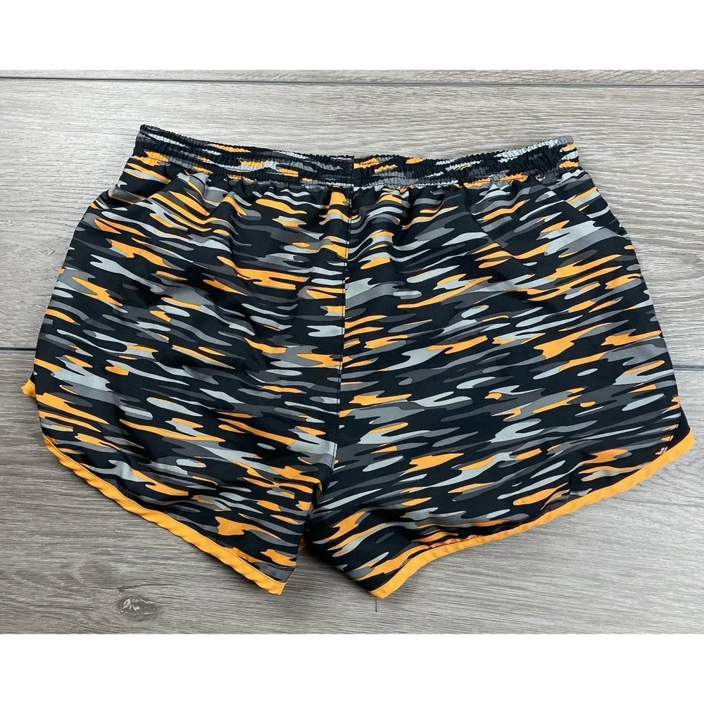 Nike Women's Dri Fit Camo Lined Athletic Running Shorts Black Orange Size Medium